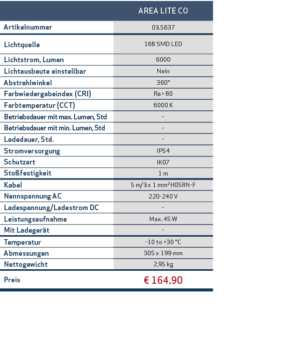 ,AREA LITE CO,Artikelnummer,03.5637,Lichtquelle,168 SMD LED,Lichtstrom, Lumen,6000,Lichtausbeute einstellbar,Nein,Abs...
